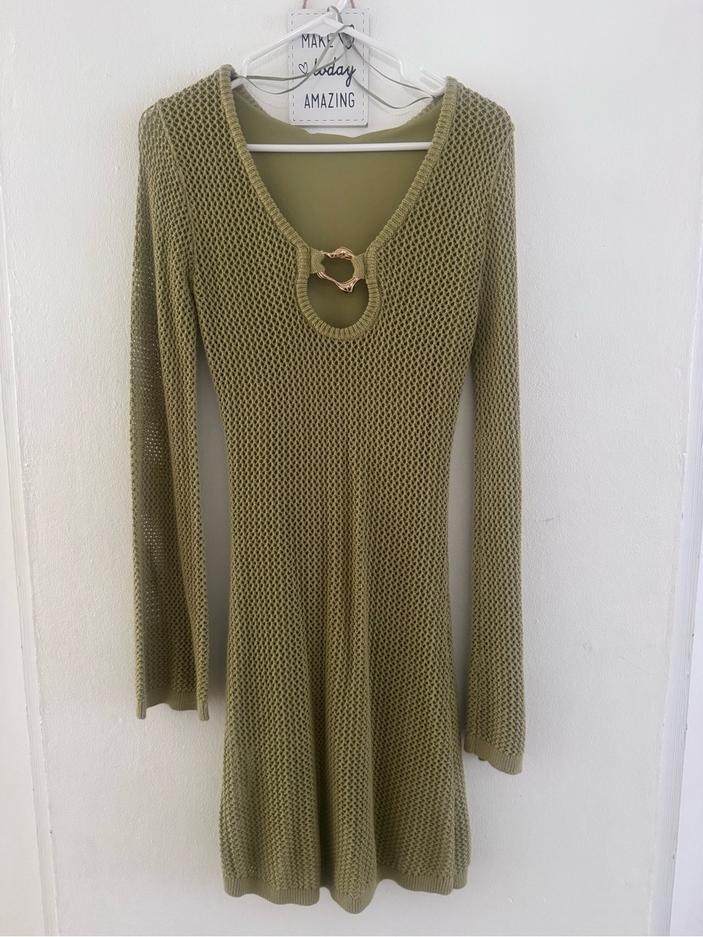 Olive Green Knit Mini Dress with Decorative Ring